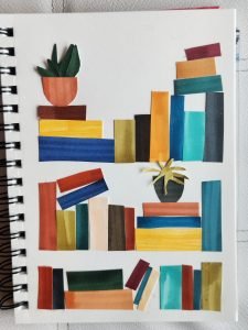a bookshelf made of cut paper collage